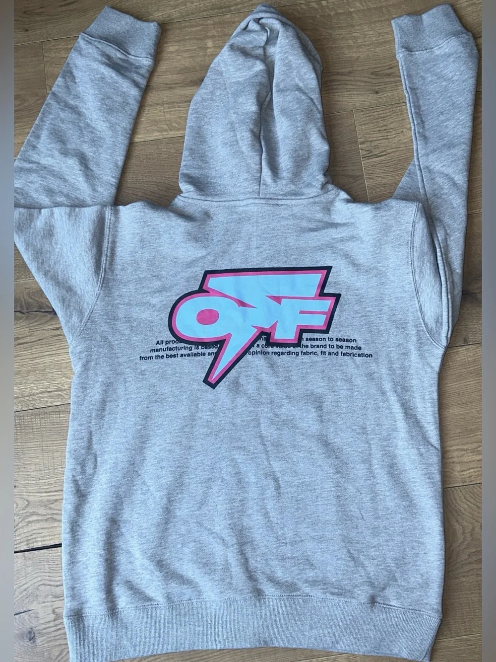 OFF-WHITE Gray Kids Hoodie with Pink-Outlined Blue Logo